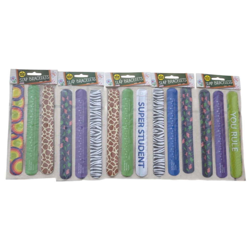 Slap Bracelets 3 Ruler Double Sided Pack Each - 5 Pack Total, Ages 6+ Unisex